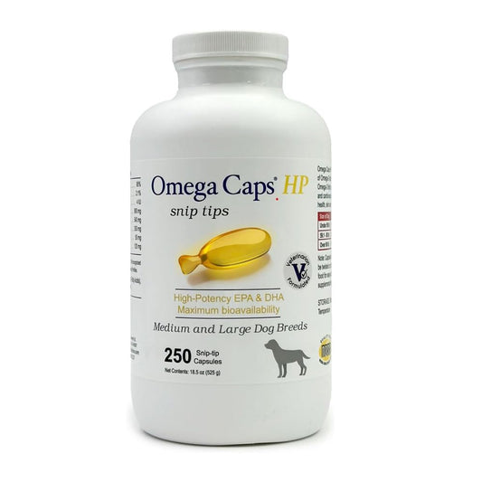Omega Caps HP SnipTips bottle closeup for easy, mess-free dosing.