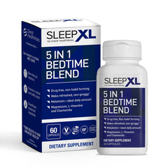 OmegaXL SleepXL bottle closeup highlighting non-habit-forming sleep support.