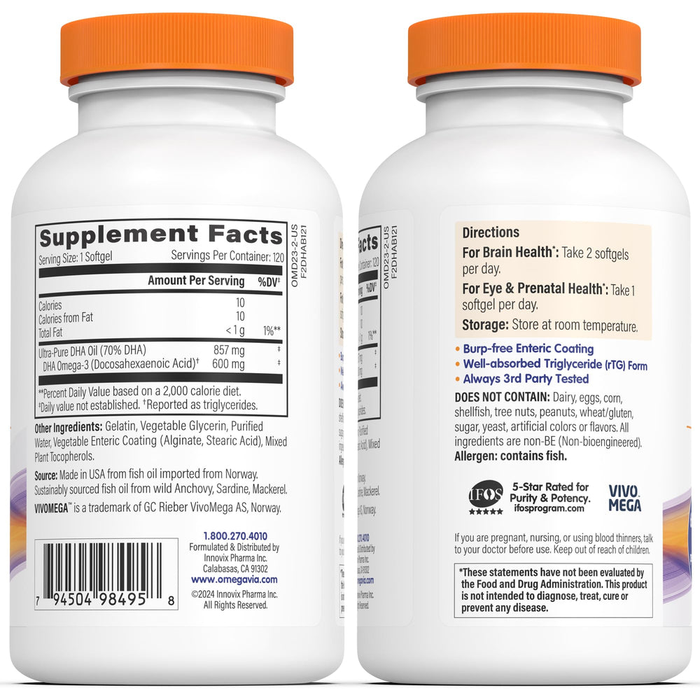 OmegaVia bottle label showing 600 mg DHA per softgel