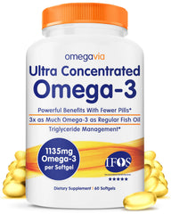 OmegaVia Ultra Concentrated Omega-3 fish oil bottle with burpless design for comfortable digestion.