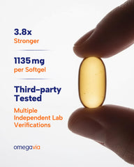 OmegaVia softgels being poured to show easy swallowing and potent EPA/DHA content.