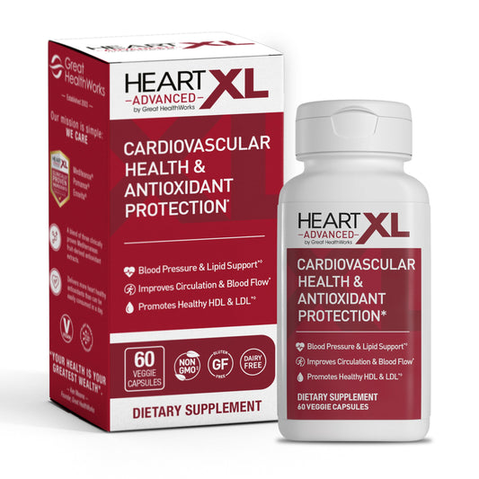 OmegaXL HeartXL Advanced bottle pouring shows heart health supporting antioxidants.