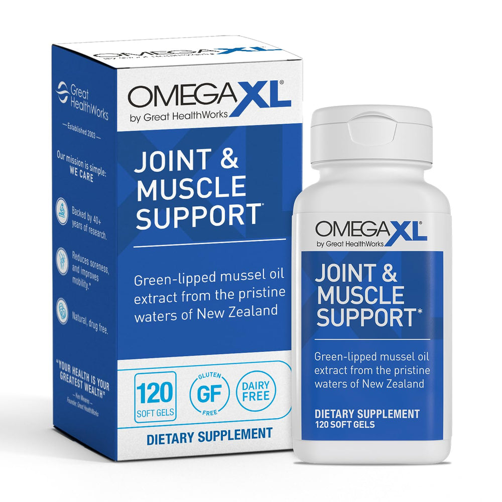 OmegaXL joint-support softgels in bottle demonstrate convenient, drug-free joint support.