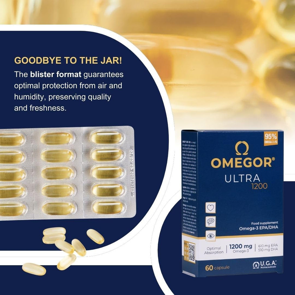 OMEGOR ocean backdrop suggests high-quality fish oil in capsules.