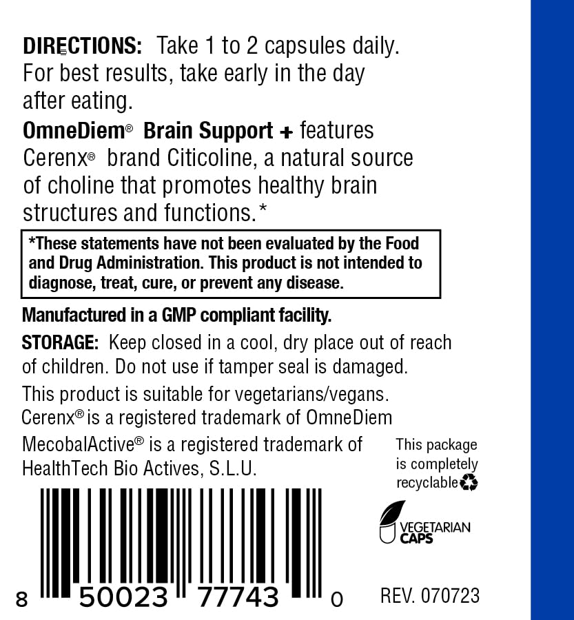 Omne Diem Brain Support capsules in hand convey portable on the go lifestyle.