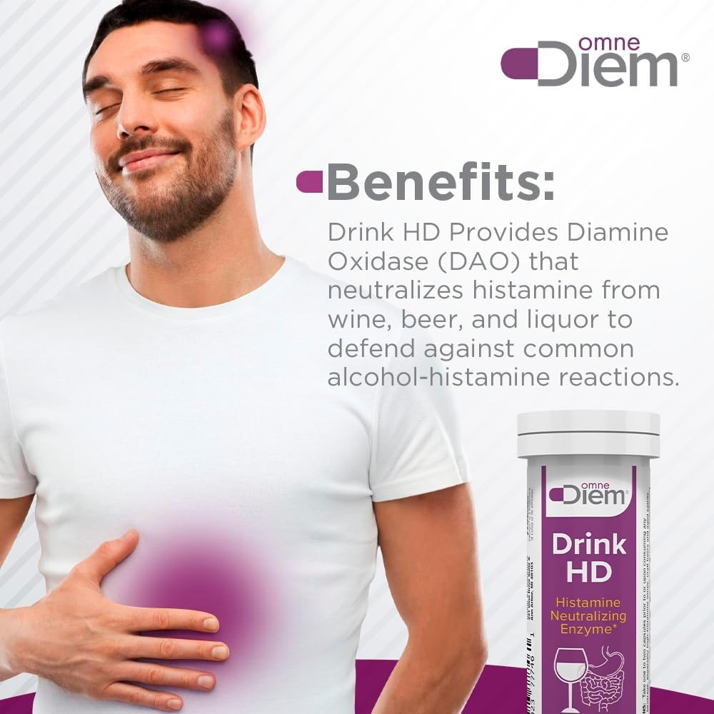 Omne Diem DrinkHD bottle label close-up showing the DAO enzyme for histamine support.