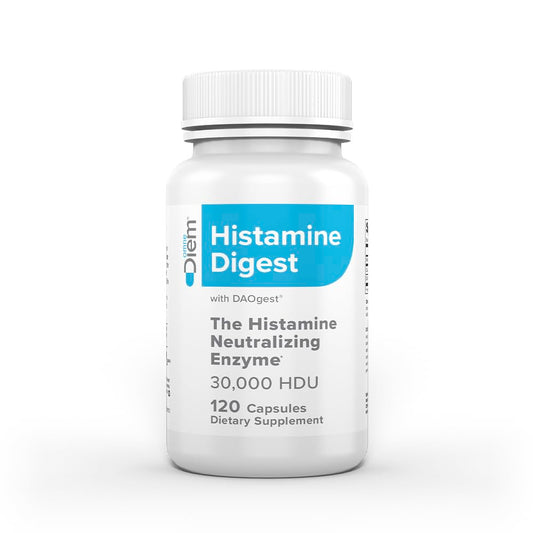 Omne Diem Histamine Digest bottle front showing potent DAO enzyme support