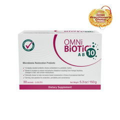 OMNi BiOTiC AB 10 packaging view highlights convenient single-dose sachets.