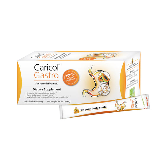 OMNi BiOTiC Caricol Gastro papaya packet offers convenient, natural heartburn support on the go.