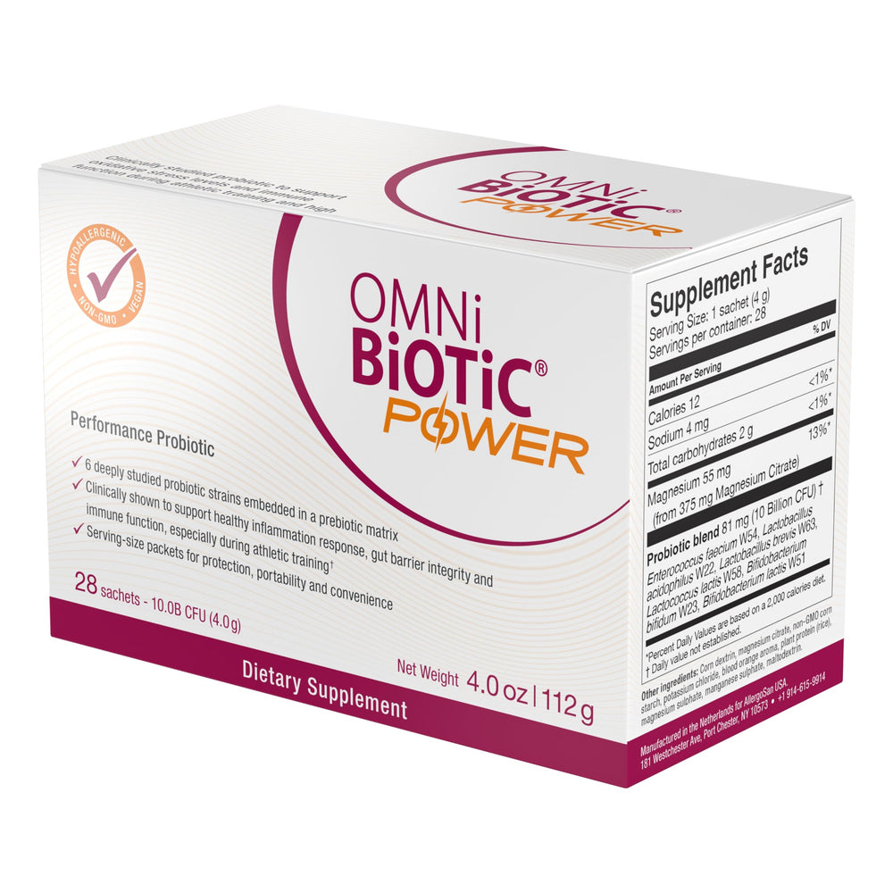 Gym bag scene with OMNi-BiOTiC Power, highlighting easy-to-use on-the-go recovery and energy support.
