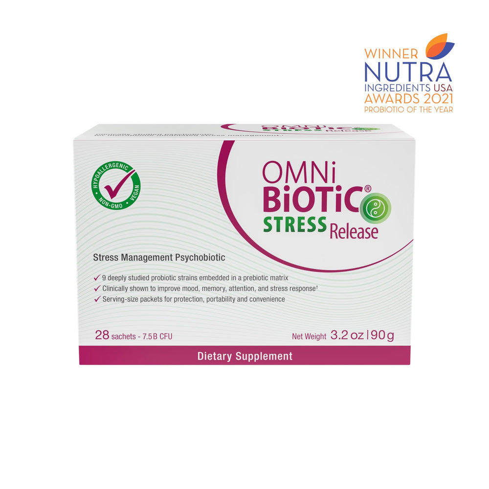 OMNi BiOTiC Stress Release box front label highlights vegan, non-GMO formula.