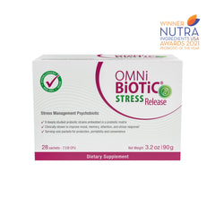 OMNi BiOTiC Stress Release box front label highlights vegan, non-GMO formula.