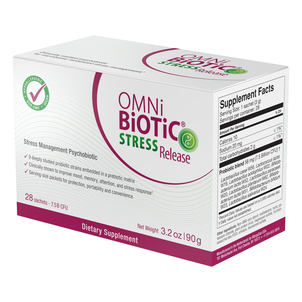 OMNi BiOTiC Stress Release shelf display suggests simple integration into routines.