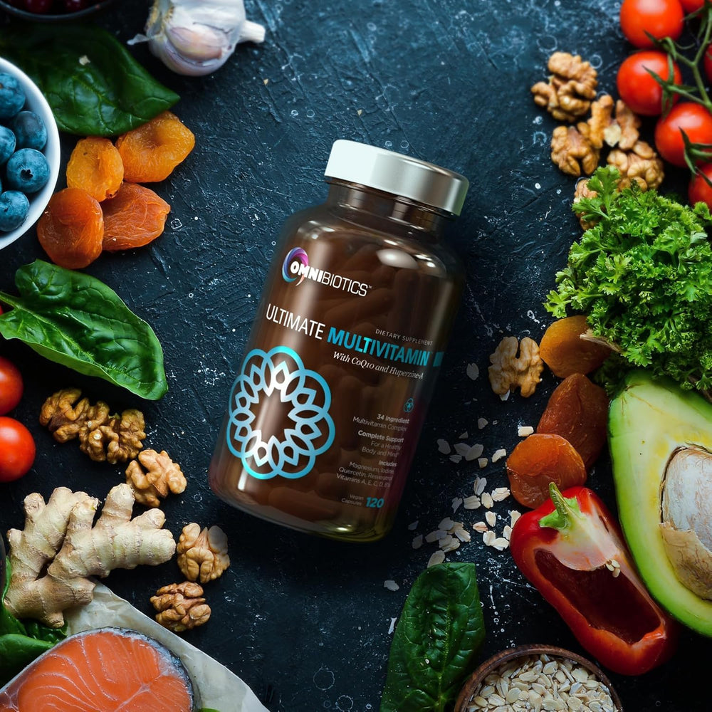 OmniBiotics bottle with a glass of water for easy daily intake.