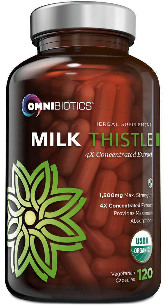 OmniBiotics milk thistle 1500mg bottle, high potency for daily use.