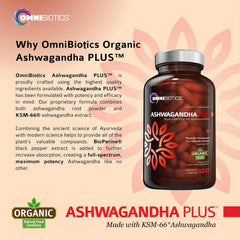 OmniBiotics organic Ashwagandha bottle close-up showing pure ingredients.