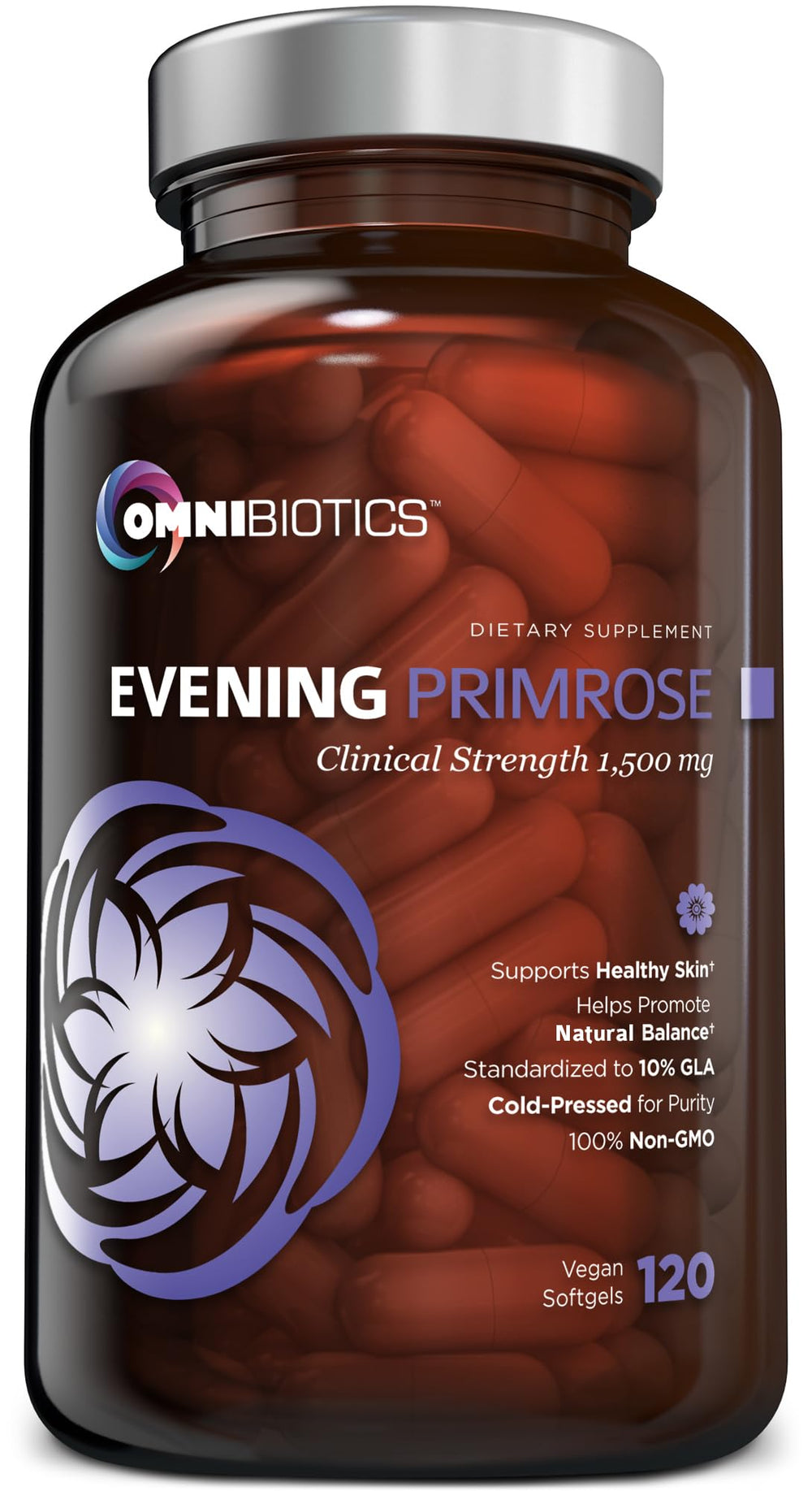 OmniBiotics Evening Primrose Oil bottle shows organic cold-pressed formula for daily wellness