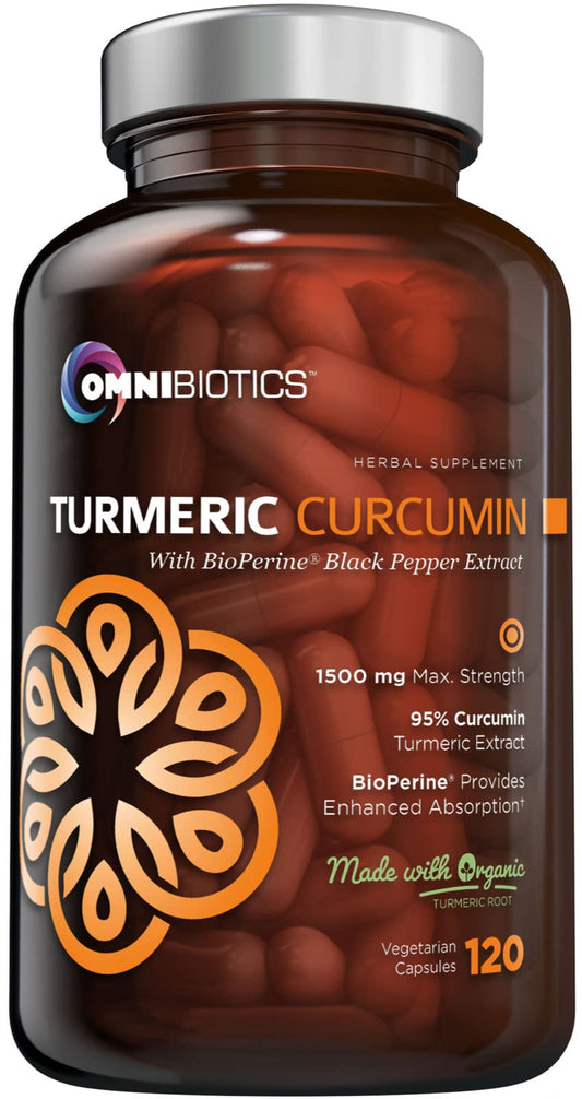 OmniBiotics Organic Turmeric Curcumin bottle highlights high potency for daily joint support.