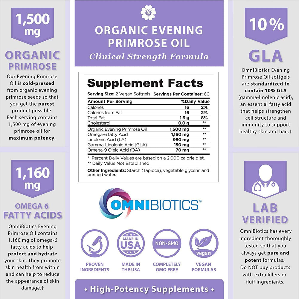 OmniBiotics Evening Primrose Oil bottle label highlights purity and non-GMO quality