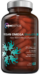 OmniBiotics vegan omega-3 bottle showing convenient prenatal DHA and EPA support.
