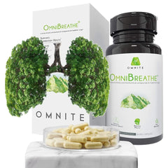Omnite OMNIBREATHE bottle with capsules shown for daily lung detox and breathing support