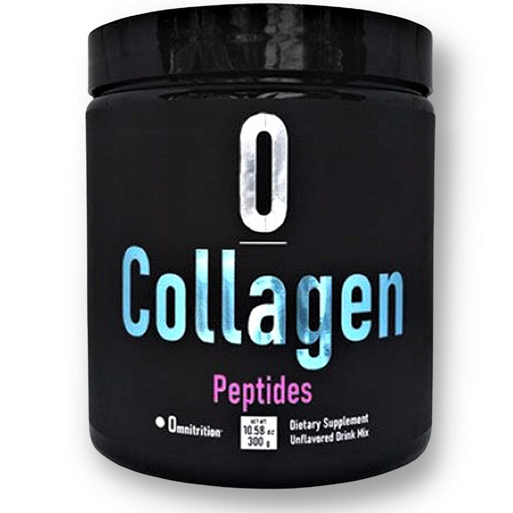 Omnitrition Collagen Peptides bottle shown beside a smoothie for versatility