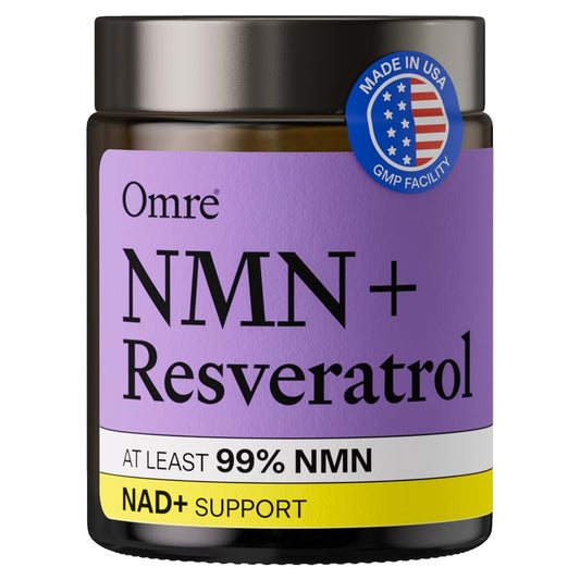 OMRE NMN + Resveratrol bottle shows high-purity formula for daily energy support