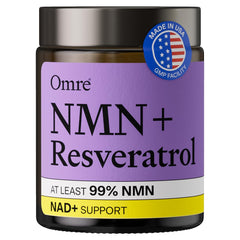 OMRE NMN + Resveratrol bottle shows high-purity formula for daily energy support