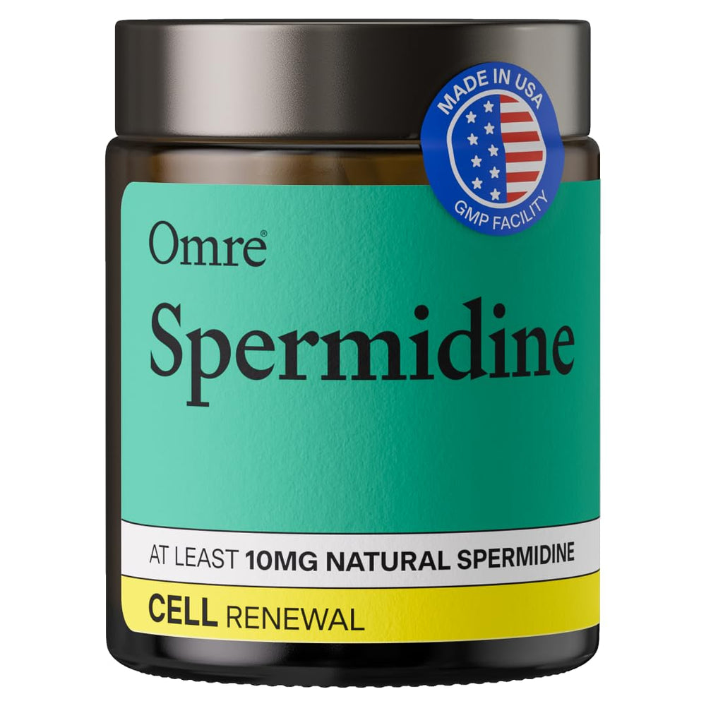OMRE spermidine supplement bottle front with 10 mg natural spermidine for daily vitality.