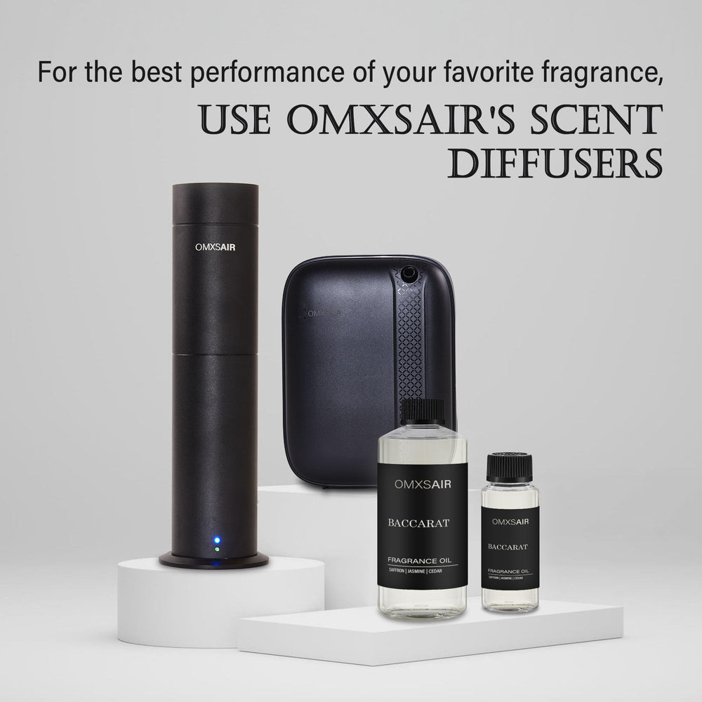 Omxsair Baccarat diffuser oil packaging emphasizing premium scent and quality.