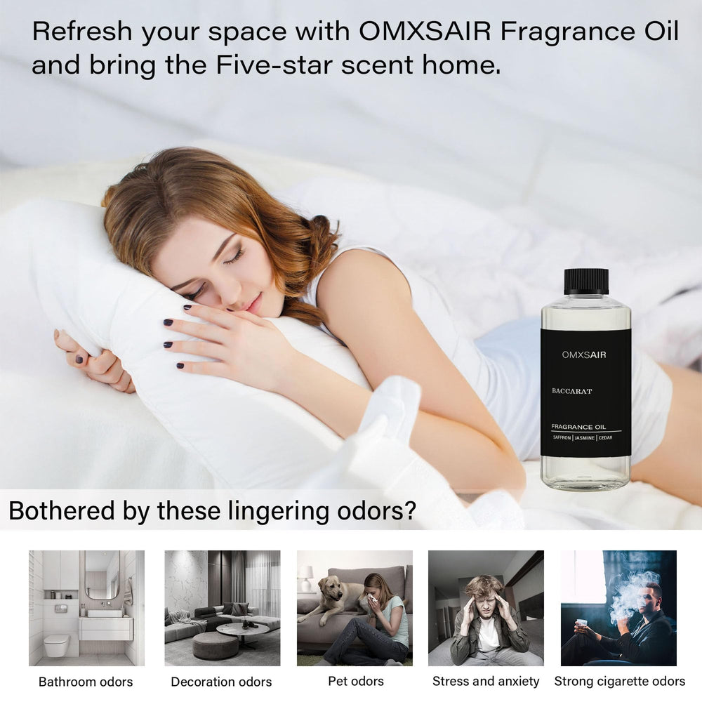 Omxsair Baccarat diffuser oil shows wood-fir base for lasting comfort.