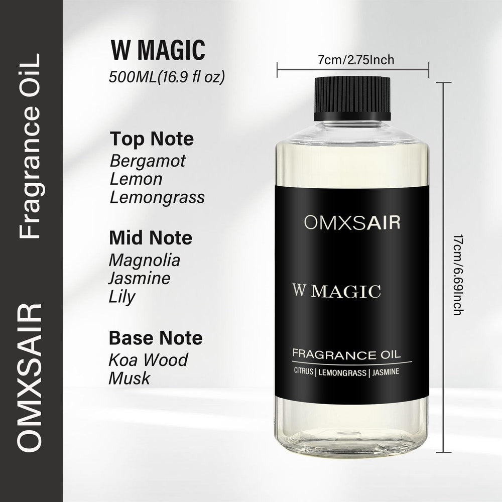 Omxsair W Magic diffuser oil packaging emphasizing natural, additive-free formula for safe homes.