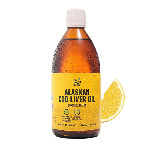 On Target Living Alaskan cod liver oil bottle with lemon flavor for daily omega-3