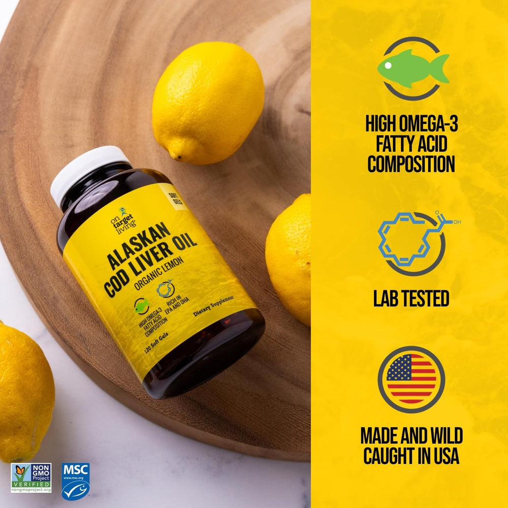 On Target Living line-caught cod liver oil capsules close-up emphasizing sustainability.