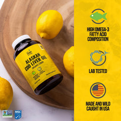 On Target Living line-caught cod liver oil capsules close-up emphasizing sustainability.