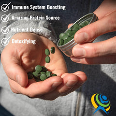 Daily use scene with On Target Living spirulina chlorella CGF tablets.