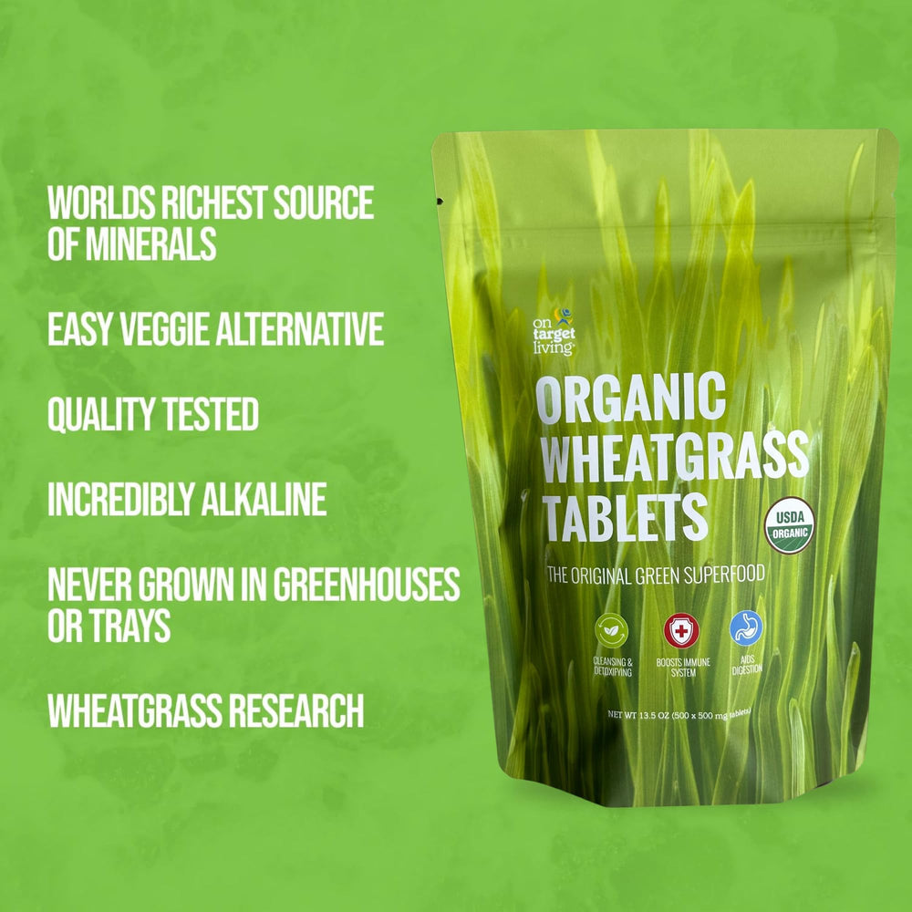 On Target Living Wheatgrass Tablets 7-tablet daily serving for greens intake.