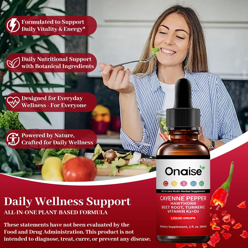 ONAISE Cayenne Drops with Hawthorn and Beet Root ingredients for a balanced daily routine