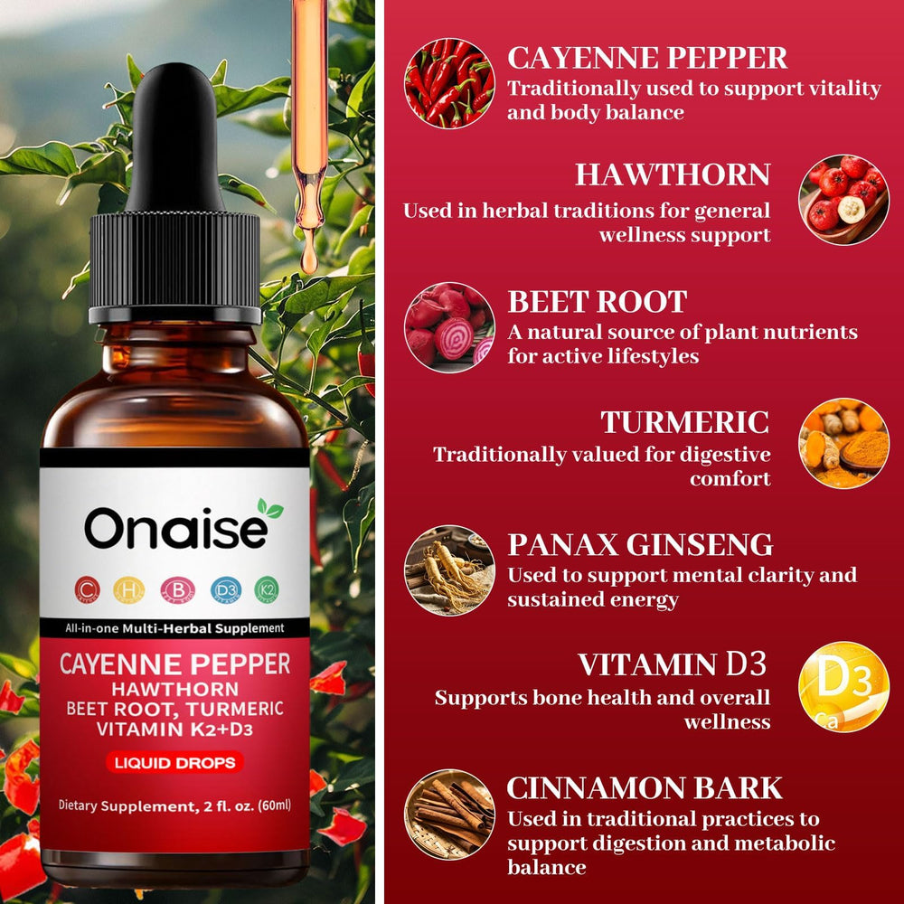 ONAISE Cayenne Drops vegan formula bottle on kitchen counter
