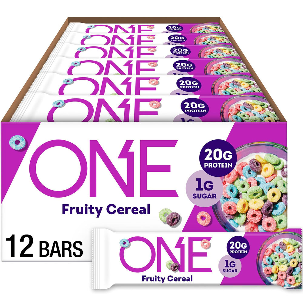 ONE Fruity Cereal protein bar packaging front, gluten-free snack with 20 g protein