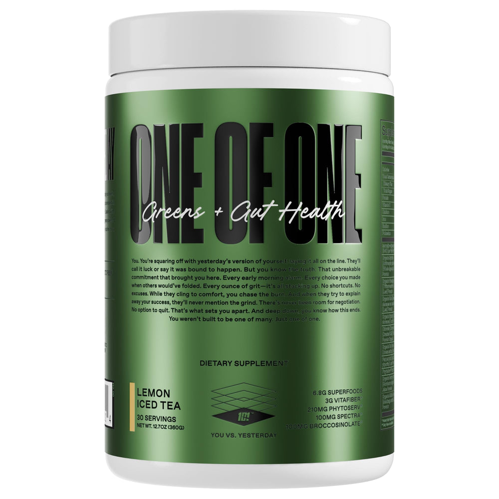 ONE OF ONE Greens & Gut Health bottle with lemon iced tea flavor for daily vitality.