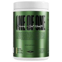 ONE OF ONE Greens & Gut Health bottle with lemon iced tea flavor for daily vitality.