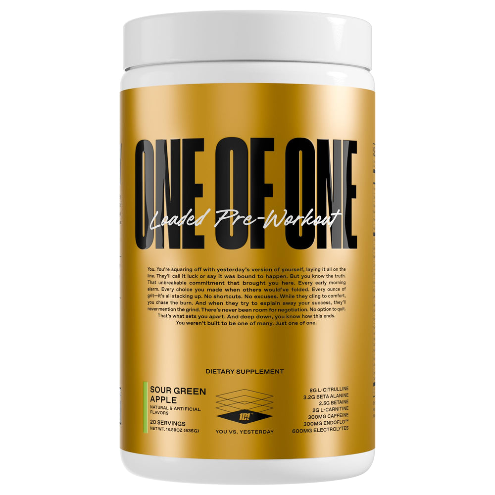 ONE OF ONE Loaded Pre-Workout bottle on a gym counter for a high-energy session