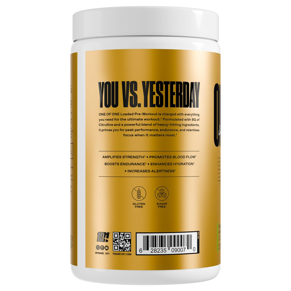 Close-up of ONE OF ONE Loaded Pre-Workout label highlighting caffeine and key ingredients