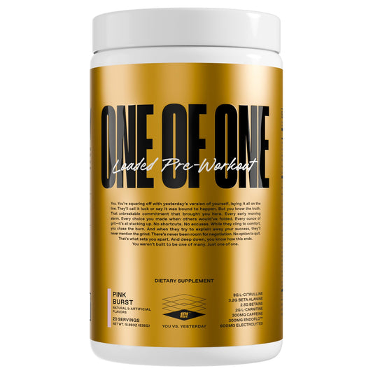ONE OF ONE Loaded Pre-Workout Pink Burst bottle – high-stim energy for workouts.