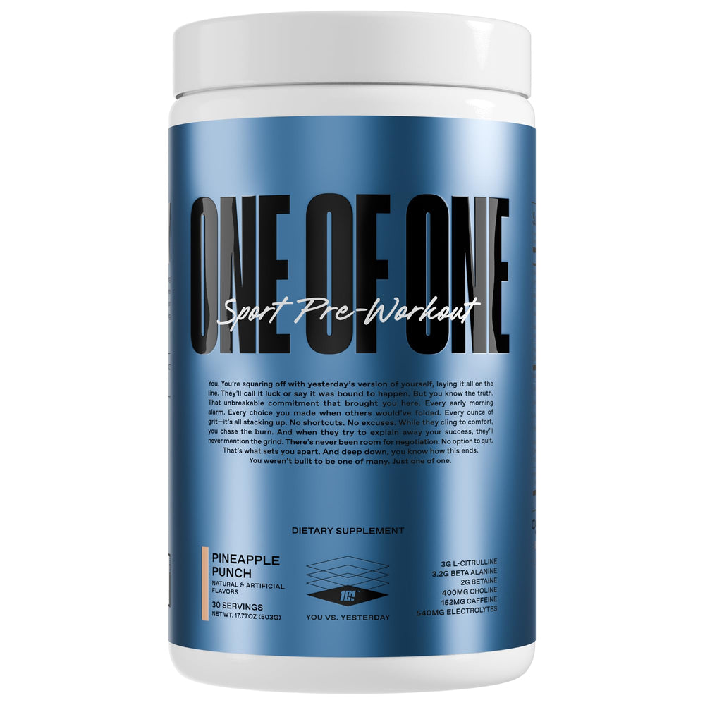 ONE OF ONE Sport pineapple punch powder tub ready for a pre-workout energy boost.