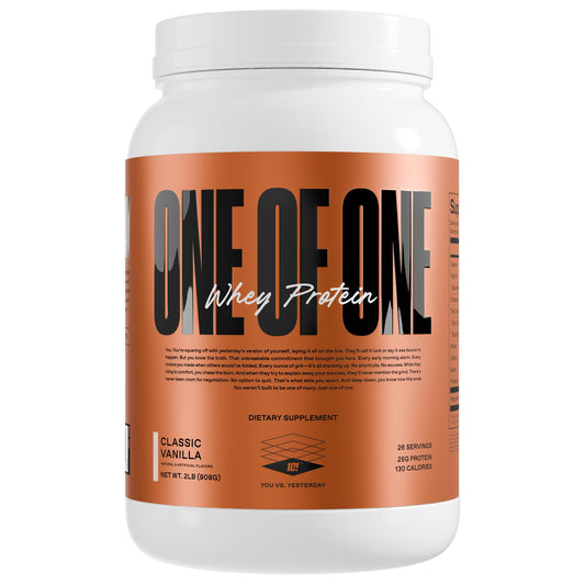 ONE OF ONE Whey vanilla jar highlights premium protein for post-workout fueling.