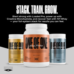 ONE OF ONE Whey protein tub with nutrition facts panel
