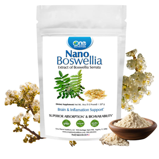 One Planet Nutrition Nano Boswellia powder bottle with pure Boswellia Serrata resin, for daily use.