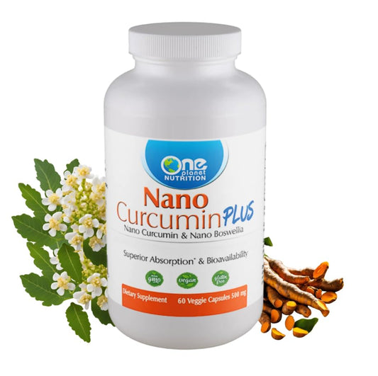 One Planet Nutrition Nano Curcumin Plus capsules highlight high absorption for everyday mobility support.